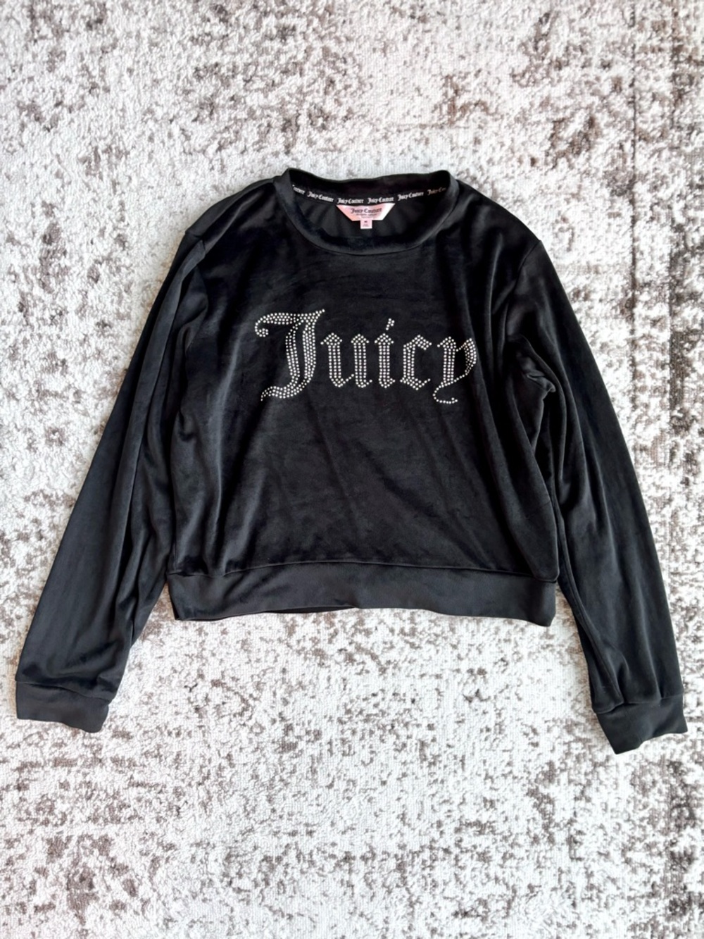Y2K Juicy Couture Silver Studded Rhinestone Logo Black Velour Sweatshirt